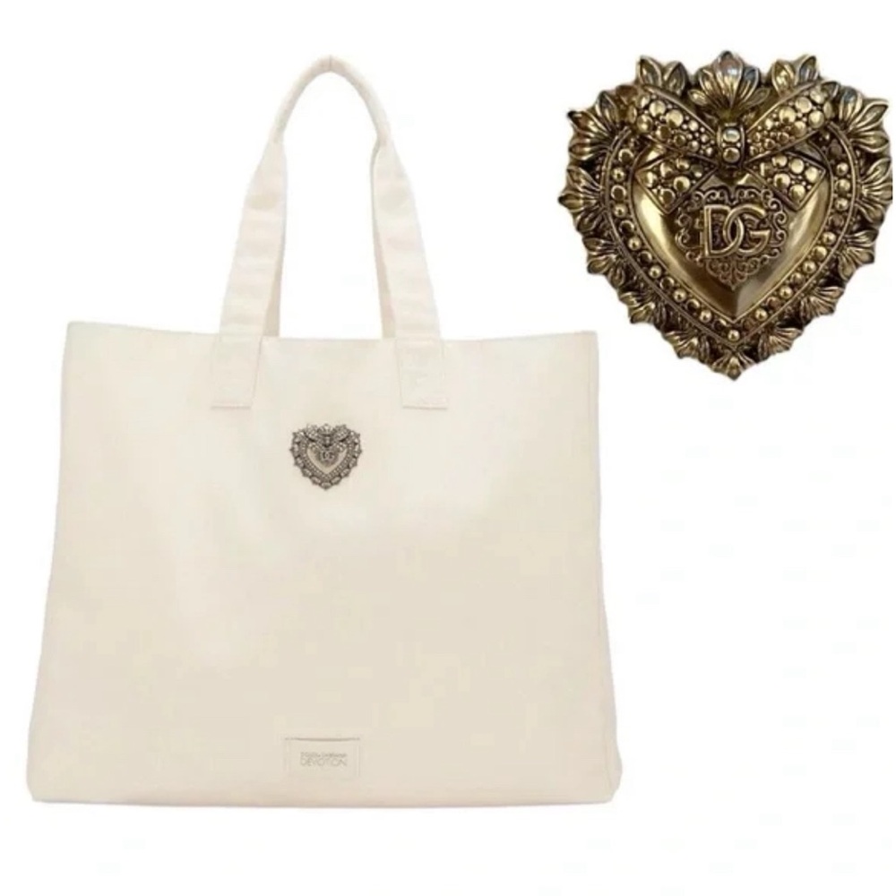 Dolce & Gabbana D&G Devotion Large Bag Tote Gold Heart Plaque Cream Ivory